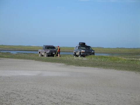 1995 Ford Bronco - A wide outdoor scene on a coastal marsh flat where a dark pickup truck with a headache/light rack is connected by a tow strap to a silver f…