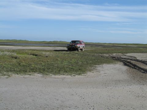 1995 Ford Bronco - A two-tone red-and-white full-size Ford Bronco SUV parked in a vast open landscape of scrub grass and sandy tidal flats under a wide blue s…