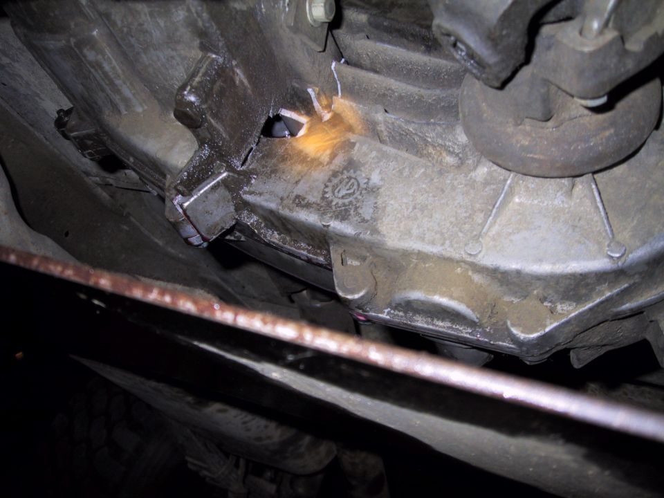 Underside view of a transmission or transfer case bell housing