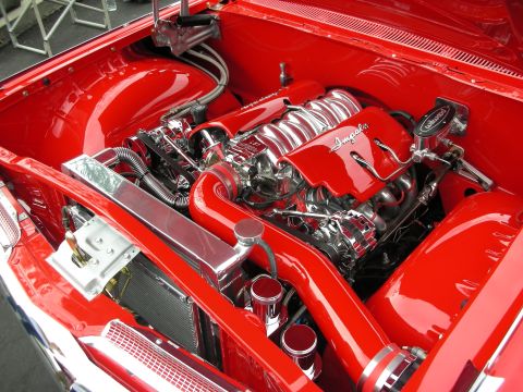 1992 Ford Crown Victoria - A custom red engine bay with chrome details and an "Impala" intake manifold is visible.
