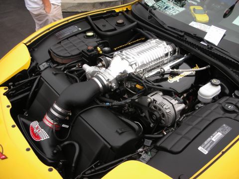 1992 Ford Crown Victoria - Engine bay of a yellow car, a polished supercharger and custom air intake system.