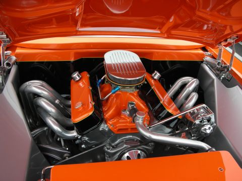 1992 Ford Crown Victoria - Custom engine bay with bright orange paint and polished metal components.