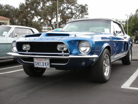 1992 Ford Crown Victoria - Front view of a blue 1967 Shelby GT500, parked next to another vehicle.