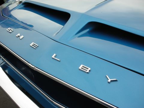 1992 Ford Crown Victoria - Close-up of a blue car's hood, displaying the prominent SHELBY badging.