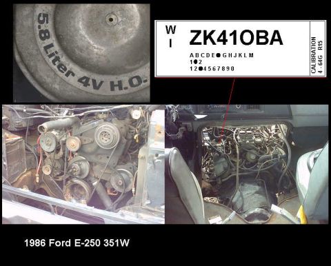 1979 Ford Bronco - The image displays the engine bay and interior of a 1986 Ford E-250 351W, with a close-up of the engine and a license plate visible.