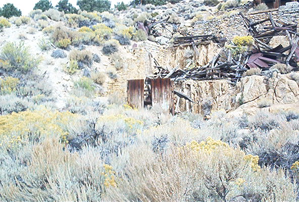 Abandoned mine buildings with dry brush in the foreground