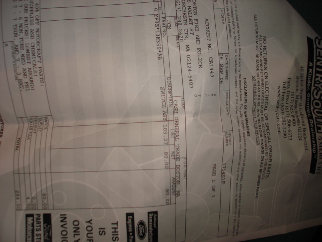 Invoice from Sentry South Dealership for Boston Fire and Police, dated 06 SEP 06