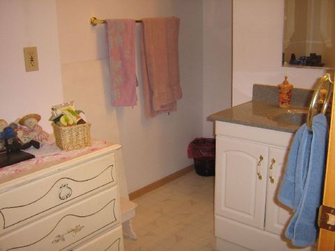 1995 Ford Bronco - A bathroom scene a dresser, vanity, and towels hanging on a rack.