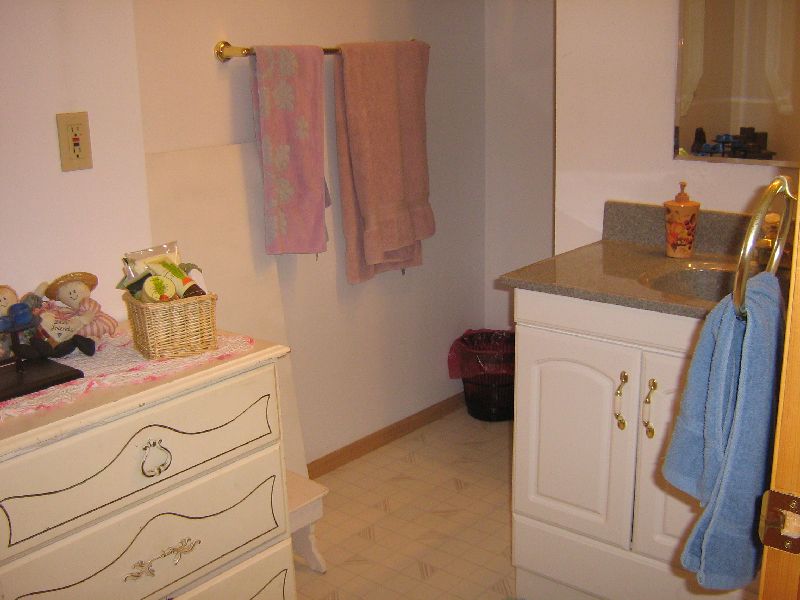 Bathroom with white dresser, vanity, towels on rack, and trash can