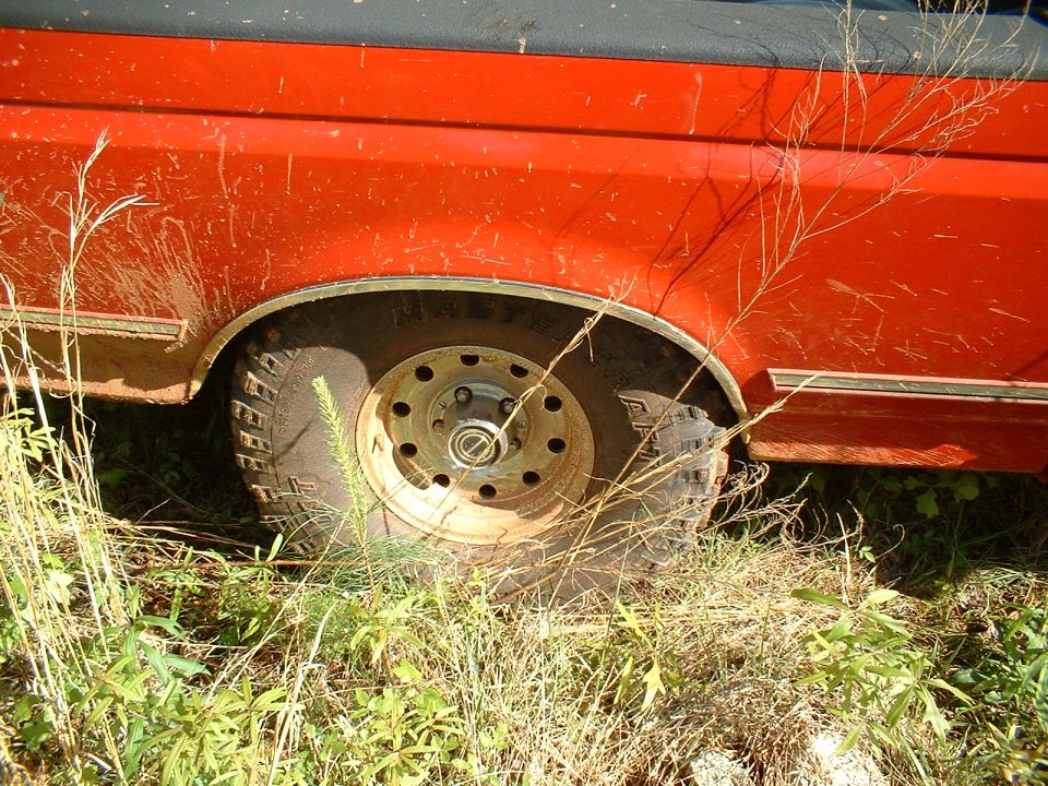 Dusty Mastercraft mud tire on steel wheel under red pickup bedside parked in weeds