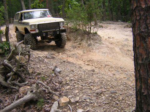1992 Ford Mustang - Ford Bronco navigating a challenging off-road path through a forest.
