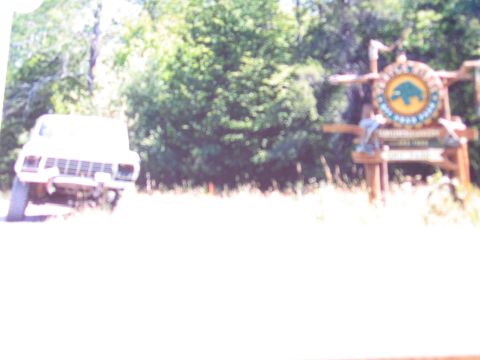 1979 Ford Bronco - 1979 Ford Bronco parked near a wooden sign in a wooded area.