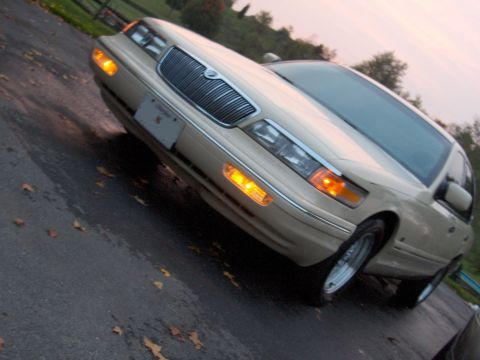 1996 Mercury Grand Marquis - A tan 1995 Mercury Grand Marquis is parked on a wet road with fallen leaves.