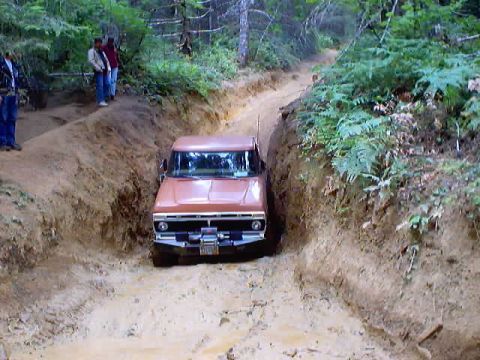 1976 Ford F-100 - This 1976 Ford F-100 navigates a challenging muddy path through a wooded area.