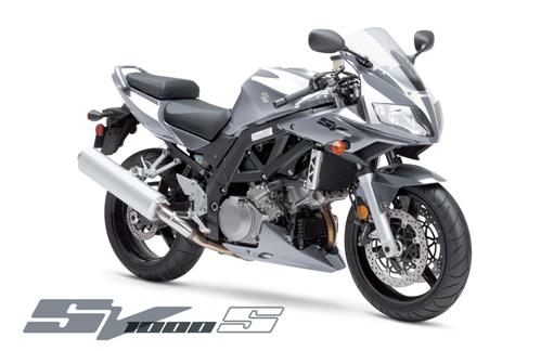 Silver Suzuki SV1000S sport bike, studio 3/4 front view on white