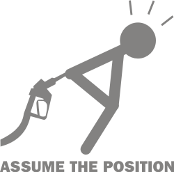 1990 Ford Bronco - A graphic depicts a stick figure holding a gas pump nozzle with the text 'ASSUME THE POSITION' below.