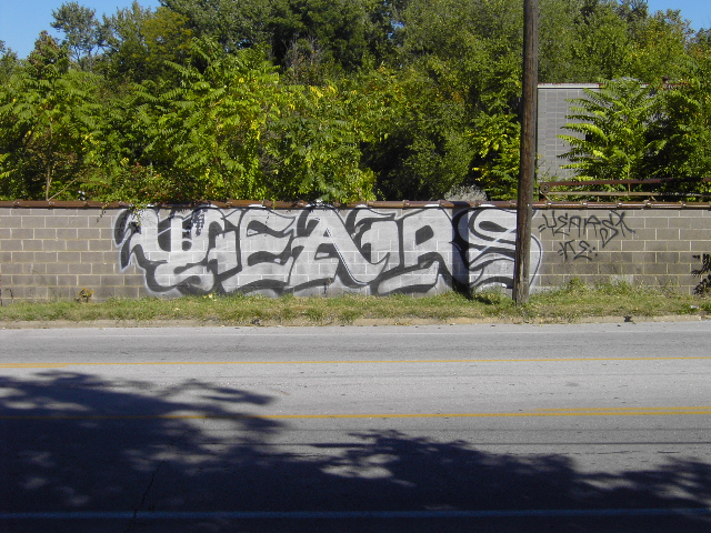 Graffiti art on a cinder block wall beside a road, with trees and a utility pole