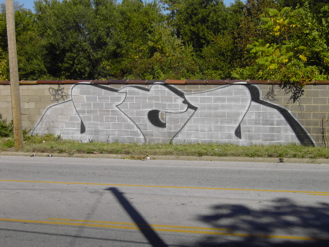 Graffiti art covers a cinder block wall next to a road
