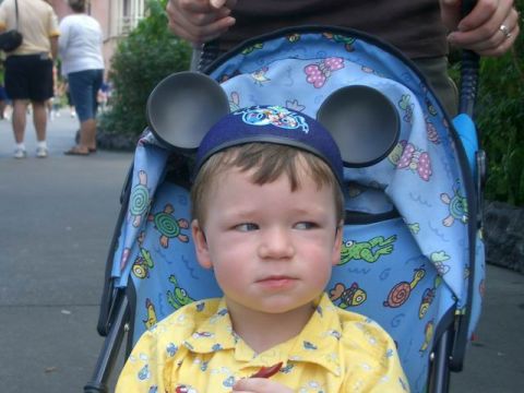 1995 Ford Bronco - A child is seated in a stroller decorated with cartoon characters and Mickey Mouse ears.