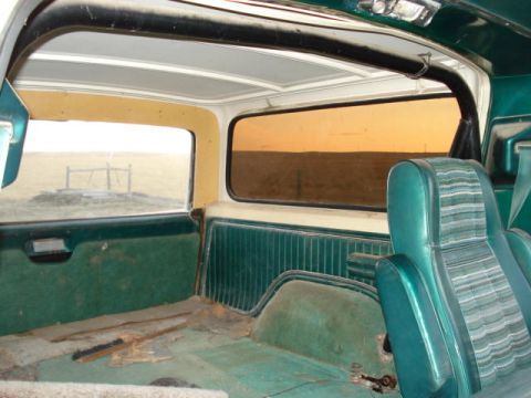 1979 Ford Bronco - The interior of a 1978 Ford Bronco shows green upholstery and a view of a rural landscape through the windows.