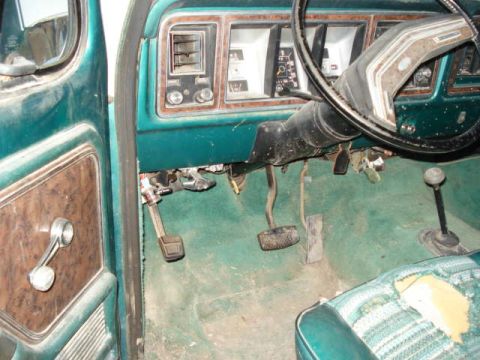 1979 Ford Bronco - The interior of a 1978 Ford Bronco shows its dashboard, steering wheel, pedals, and door panel.
