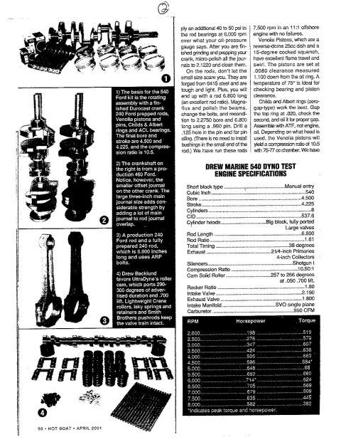 1996 Ford Aspire - Diagrams of engine components and a detailed specification table for the Drew Marine 540 engine.