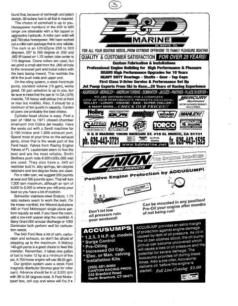 1996 Ford Aspire - Advertisement details marine engine building, performance upgrades, and Accusump oil systems.