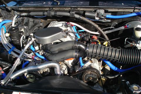 1994 Ford Bronco - Close-up view of a modified engine bay with various aftermarket parts and blue tubing.