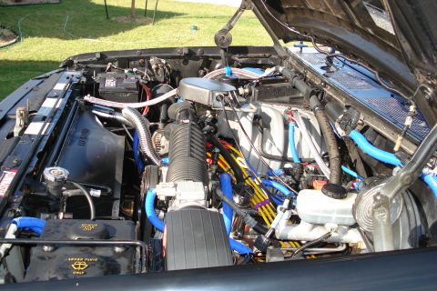 1994 Ford Bronco - The engine bay of a vehicle is shown with numerous blue hoses and colorful wiring bundles.