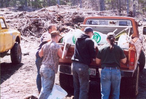1976 Ford F-100 - People loading supplies into the bed of a 1976 Ford F-100 pickup truck, with another truck visible.