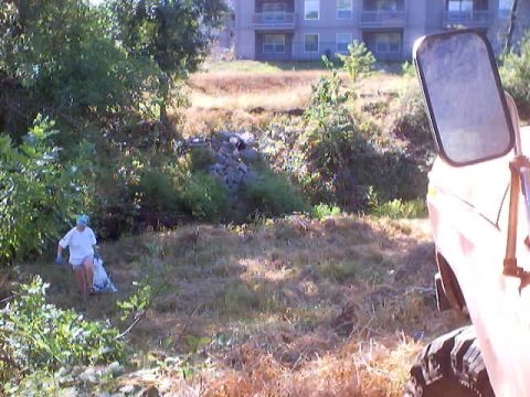 1976 Ford F-100 - A person is picking up trash in a field next to a truck. The truck's side mirror is visible.