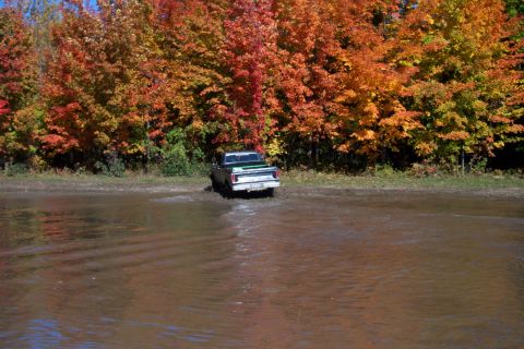 1979 Ford Bronco - A pickup truck navigates through a shallow body of water amidst vibrant autumn trees.