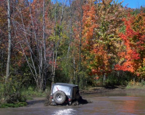 1979 Ford Bronco - A Jeep Wrangler navigates a muddy trail surrounded by trees in autumn colors.