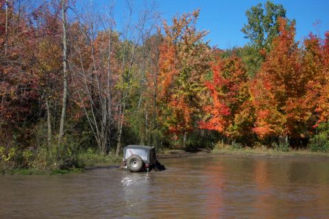 1979 Ford Bronco - A Jeep Wrangler navigates through a muddy, water-filled path amidst vibrant fall foliage.