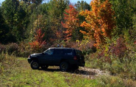 1979 Ford Bronco - A dark SUV is parked on a dirt path surrounded by trees displaying autumn colors.