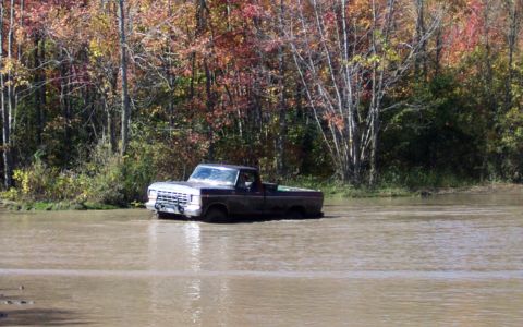 1979 Ford Bronco - A white pickup truck navigates through flooded terrain, with autumn foliage visible behind it.