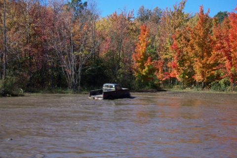 1979 Ford Bronco - A pickup truck is partially submerged in muddy water, surrounded by trees with colorful fall foliage.