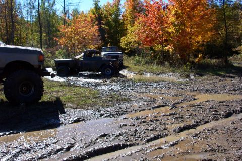 1979 Ford Bronco - Several off-road vehicles are stuck in a muddy terrain, surrounded by trees with colorful autumn foliage.
