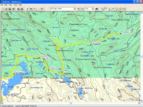 1976 Ford F-100 - A digital map displays topographical data for a wilderness area, including lakes and trails.