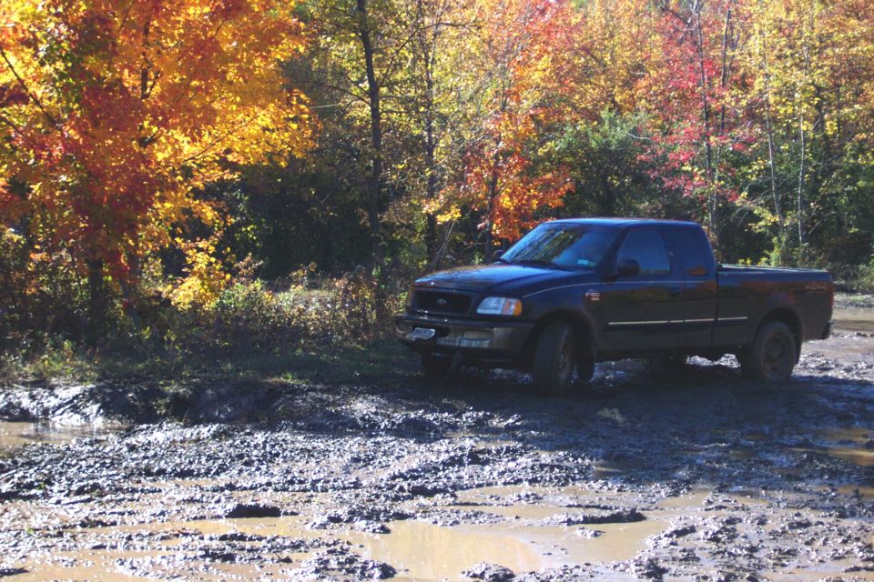 Black pickup truck stuck in mud with fall foliage in background