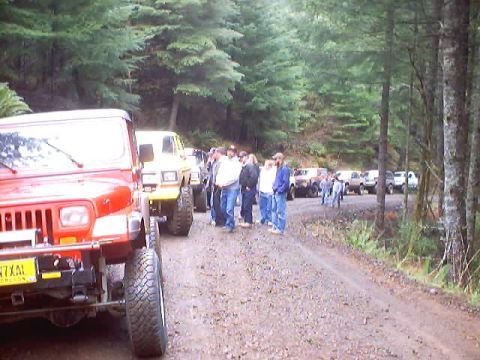 1976 Ford F-100 - A group of off-road vehicles, including a red Jeep Wrangler and a yellow Ford Bronco, gather on a dirt road in a wooded area.