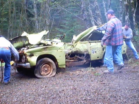 1976 Ford F-100 - A severely damaged pickup truck sits in a wooded area with people looking at it.
