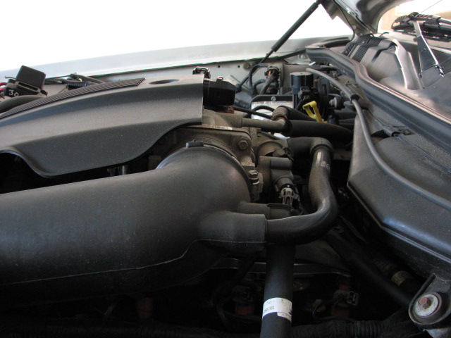Engine bay with air intake tube and hoses visible