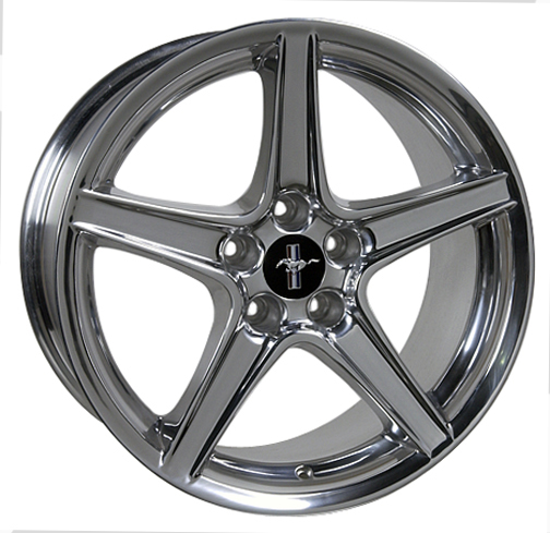 Chrome five-spoke wheel with a black center cap showing a running horse emblem