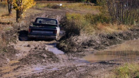 1979 Ford Bronco - A Ford F-Series truck drives through a muddy, off-road path.