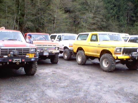 1976 Ford F-100 - A group of modified Ford Broncos and trucks are parked together outdoors.