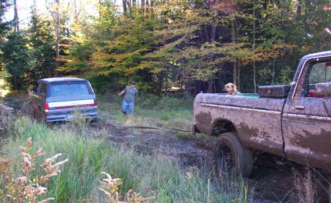 1979 Ford Bronco - A 1979 Ford Bronco is stuck in the mud and being pulled by a pickup truck, with a dog in the truck bed.