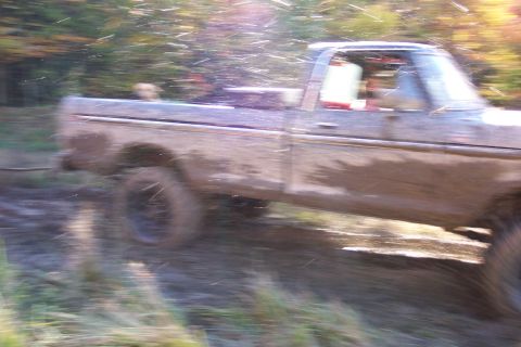 1979 Ford Bronco - This 1979 Ford F-Series pickup truck is shown driving through a muddy, off-road environment.