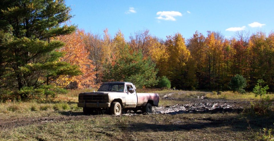 White pickup truck stuck in mud, front 3/4 view, autumn trees in background