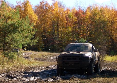 1979 Ford Bronco - A pickup truck navigates a muddy path during autumn, with colorful trees surrounding the scene.